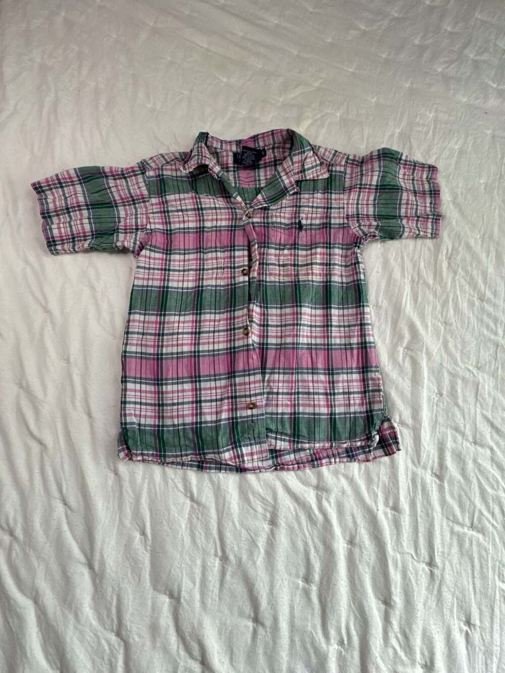 Kids Polo Ralph Lauren Button-Down Shirt Size 5 Pink Green Plaid Short Sleeve